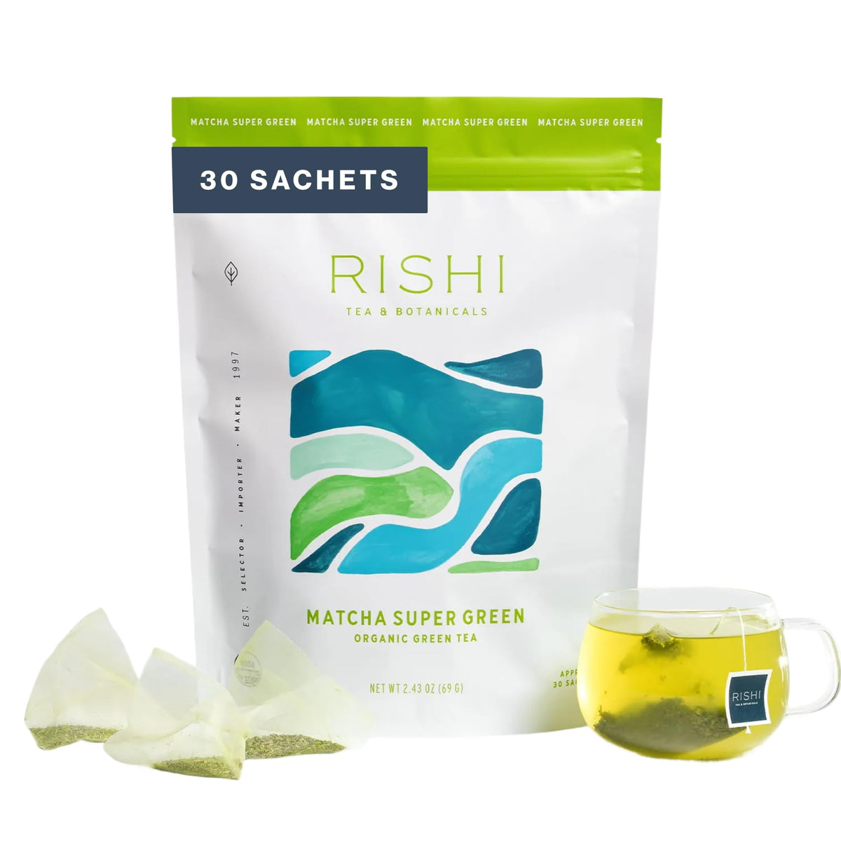 Rishi Tea Matcha Super Green Organic Sachet Tea Bags, Caffeinated, 30ct