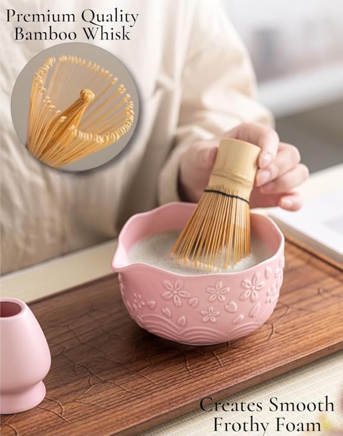 ZenMasters Pink Matcha Set – Premium 7-Pc Matcha Starter Kit w/Ceramic Pour Bowl, Stainless Sifter Canister, Bamboo Whisk & Scoop, Holder & Tea Towel – Modern Aesthetic Gift Set