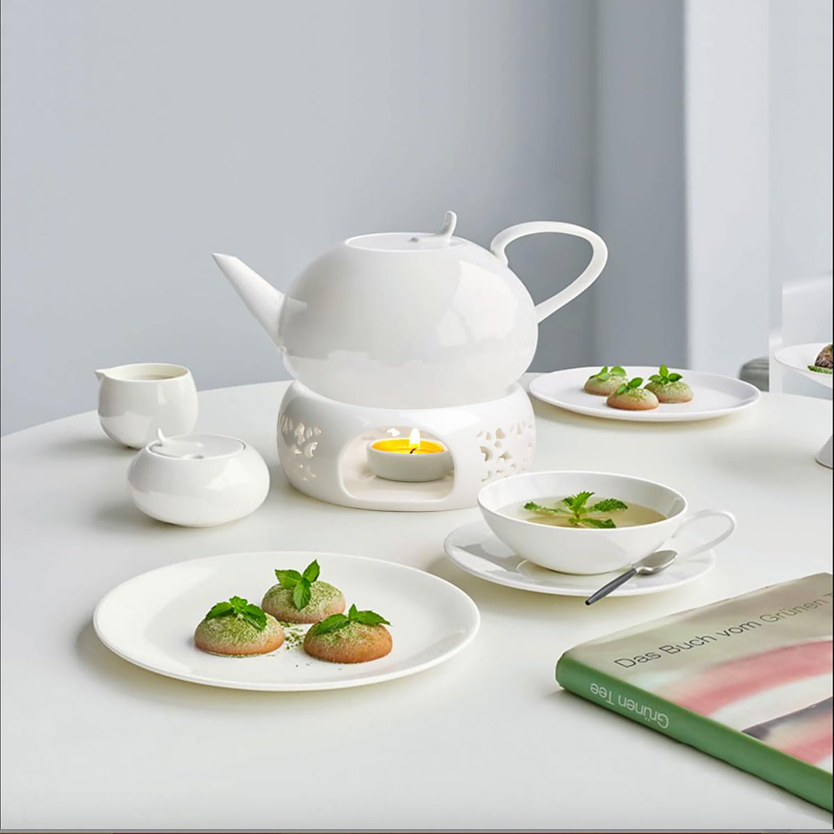 KAYCROWN Teapot Warmer, Ceramic Tea Warmer with Tealight Holder, Teapot Heater for Heating Tea, Coffee, Milk, Tea Light
