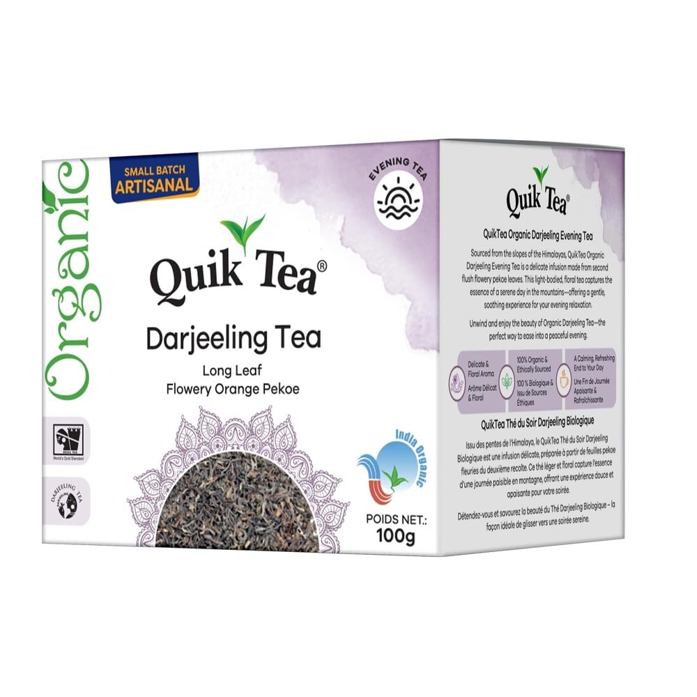 QuikTea Organic Darjeeling Long Leaf Tea | Single Box 3.52 oz (100 Grams) | All-Natural, certified Organic, Fragrant Long Leaf tea from Darjeeling, Kosher, orthodox tea