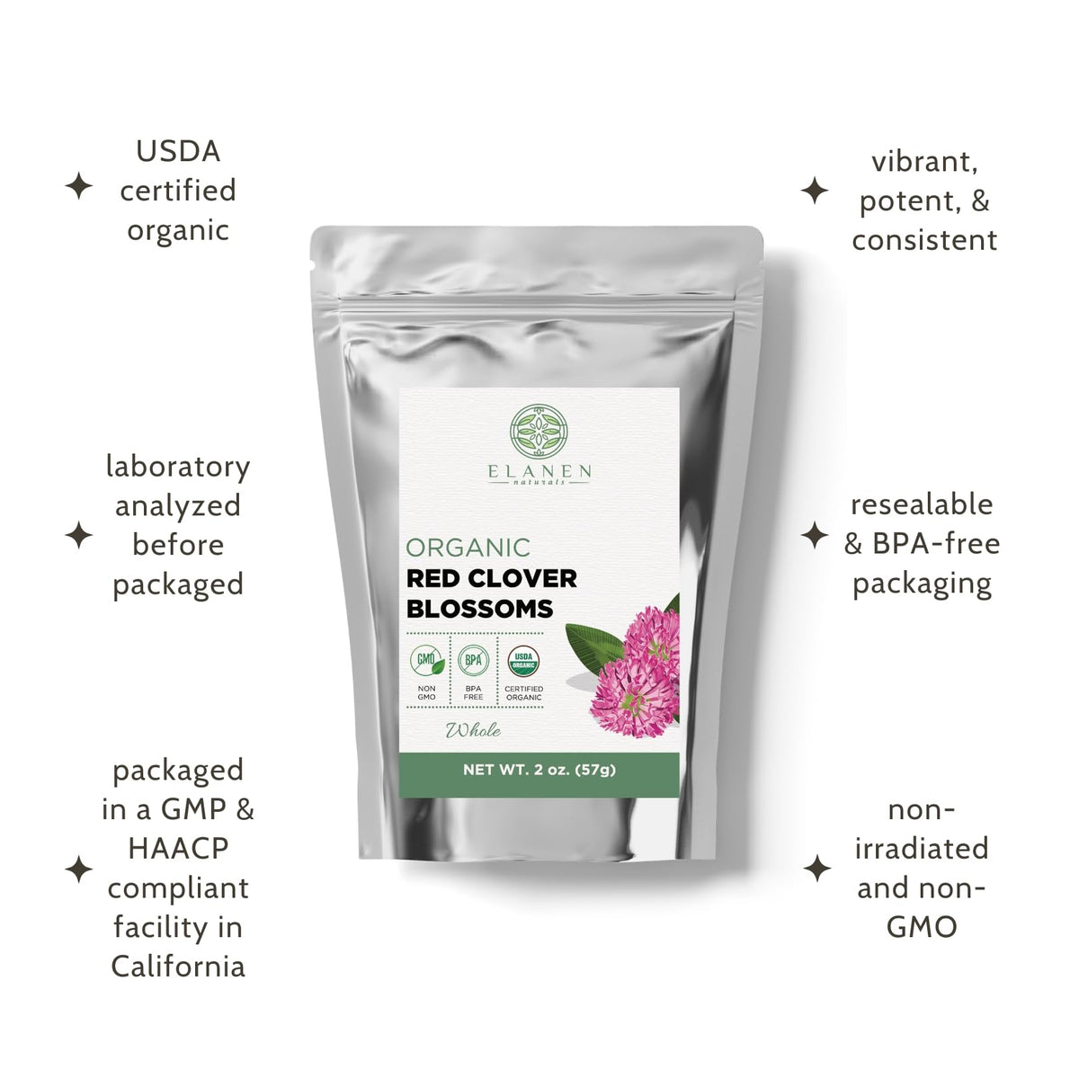 Elanen Naturals Organic Red Clover Blossoms 2 oz. (57g), USDA Certified Organic Red Clover Blossom Tea, Whole