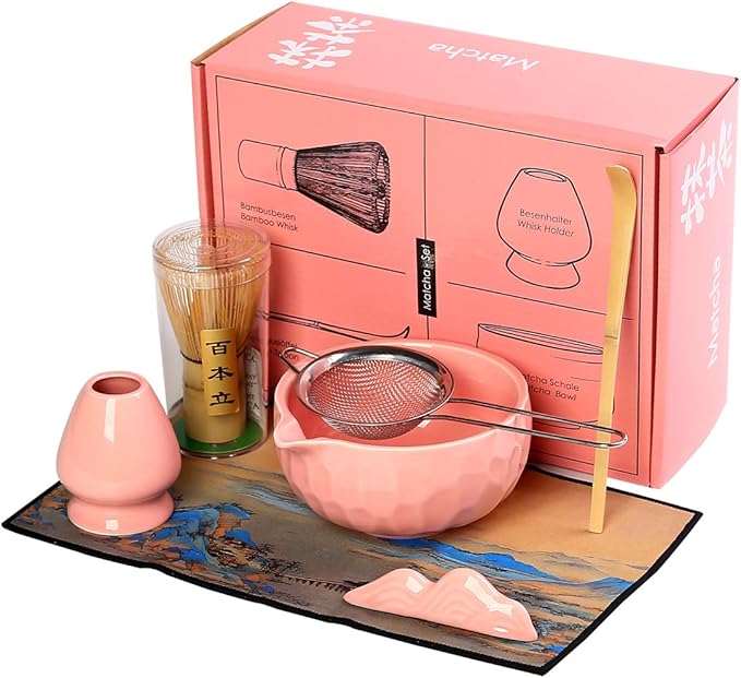 7-Piece Matcha Whisk Set, Pink Ceramic Matcha Bowl with Unique Diamond Design, Bamboo Whisk, Scoop, Sifter & Tea Towel - Complete Matcha Kit for Tea Lovers (Pink Gift Box)