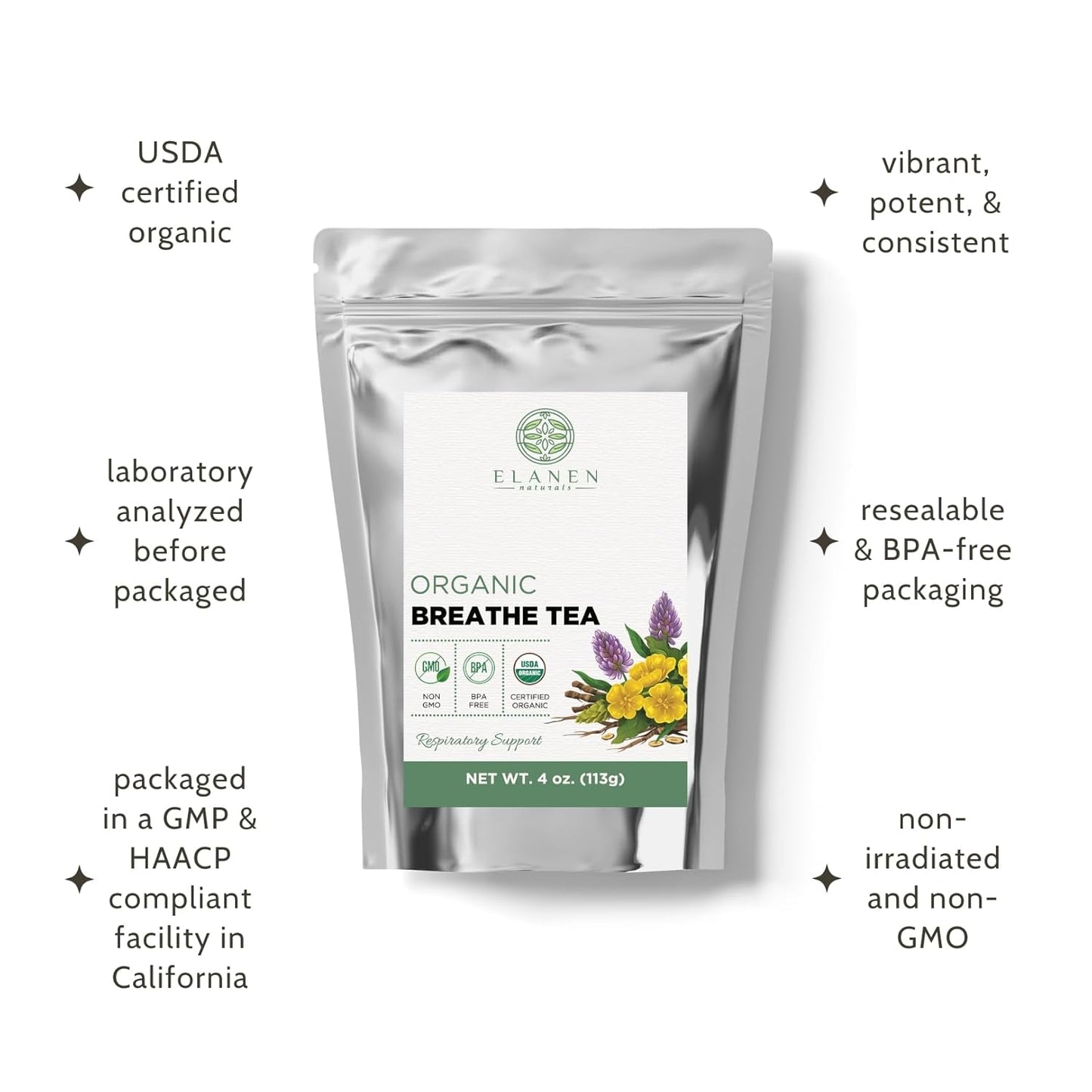 Elanen Naturals Organic Breathe Tea 4 oz. (113g), USDA Certified Organic Lung Tea for Bronchial Wellness and Smokers, Respiratory Blend, Gordo Lobo Herbs Loose Leaf, Mullein Detox Lungs, Cut & Sifted