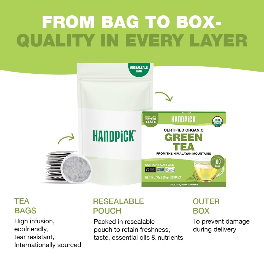 HANDPICK, Organic Green Tea Bags - 100 Eco-Friendly Tea Bags | USDA Organic | Resealable Pack for Freshness | Delicate & Flavory | Direct From India