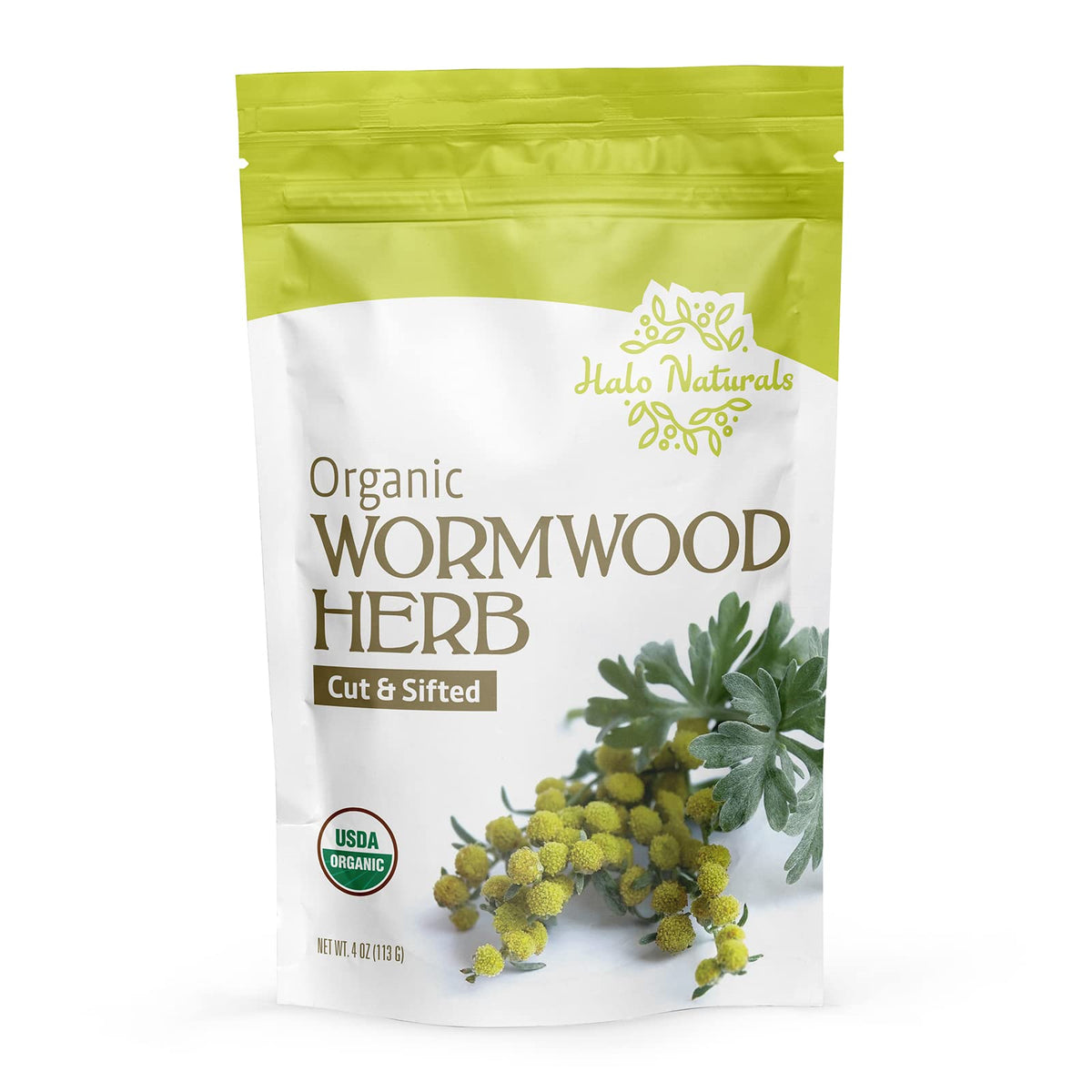 Halo Naturals Organic Wormwood Herb Cut & Sifted, 4 Ounces (Artemisia Absinthium) USDA Certified Wormwood Tea | Non-GMO