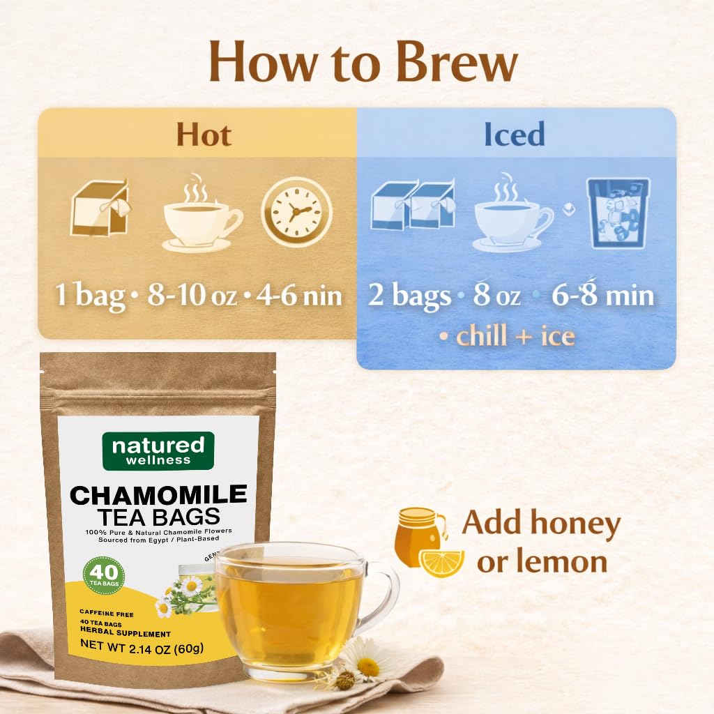 Natured Wellness Chamomile Tea Bags (40 Count), Pure Chamomile Flower Herbal Tea, No Additives or Fillers, Non-GMO, Caffeine-Free, Enjoy Hot or Iced