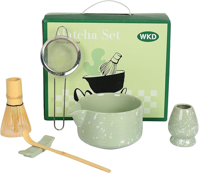 Matcha Bowl and Whisk Set, Ceramic Matcha Set Includes Matcha Bowl with Spout, Whisk & Holder, Bamboo Scoop, Stainless Sifter, Towel, Matcha Kit Making Tools,Light Green,7 PCS