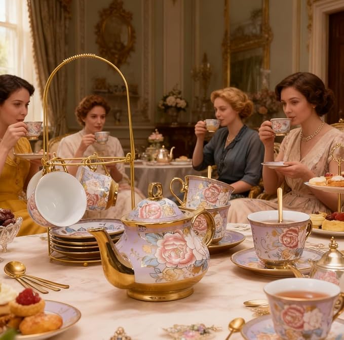 CHANJOON Gold Plated Red Rose Ceramic Tea Set, Vintage Tea Sets with Teapot, Beautiful Tea Set Coffee Serving 6 People (Purple, X Large)