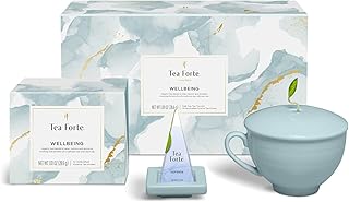 Tea Forte Wellbeing 3-Piece Premium Tea Gift Set with Light Blue Cafe Cup with Lid, Tea Tray and 10 Assorted 2 of Each Variety Organic Handcrafted Pyramid Infuser Tea Bags
