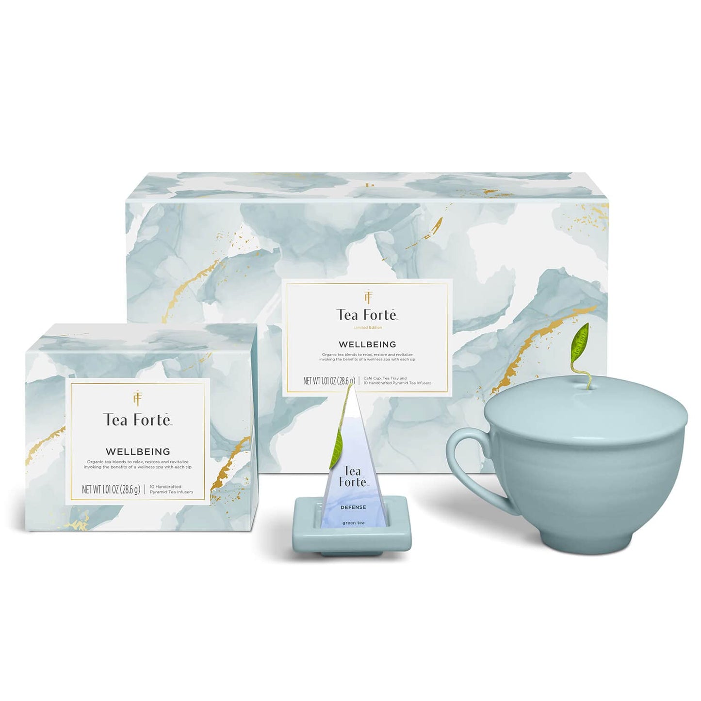 Tea Forte Café Cup Tea Gift Set, Wellbeing, 10 Pyramid Infusers | 8 oz Porcelain Tea Cup, Lid &amp; Tea Tray - 2 of Each Blend - Individually Wrapped - Giftable Presentation Box