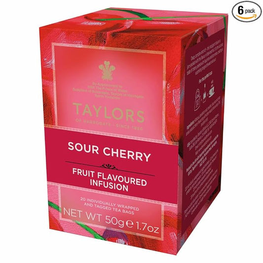 Taylors of Harrogate Sour Cherry, Herbal Tea, Individually Wrapped Bags, 20 Count (Pack of 6), Deep, Complex and Rich, Caffeine-Free, Enjoy Hot or Iced, 120 Teabags Total