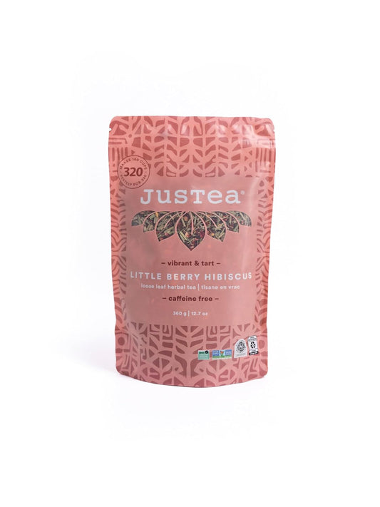 JusTea LITTLE BERRY HIBISCUS Loose Leaf Herbal Tea, 160+ Cups Pouch | Fair-Trade LITTLE BERRY HIBISCUS Loose Leaf Herbal Tea. 360g/12.7oz Pouch. Steeps 160+ cups. Caffeine-Free. Organic.