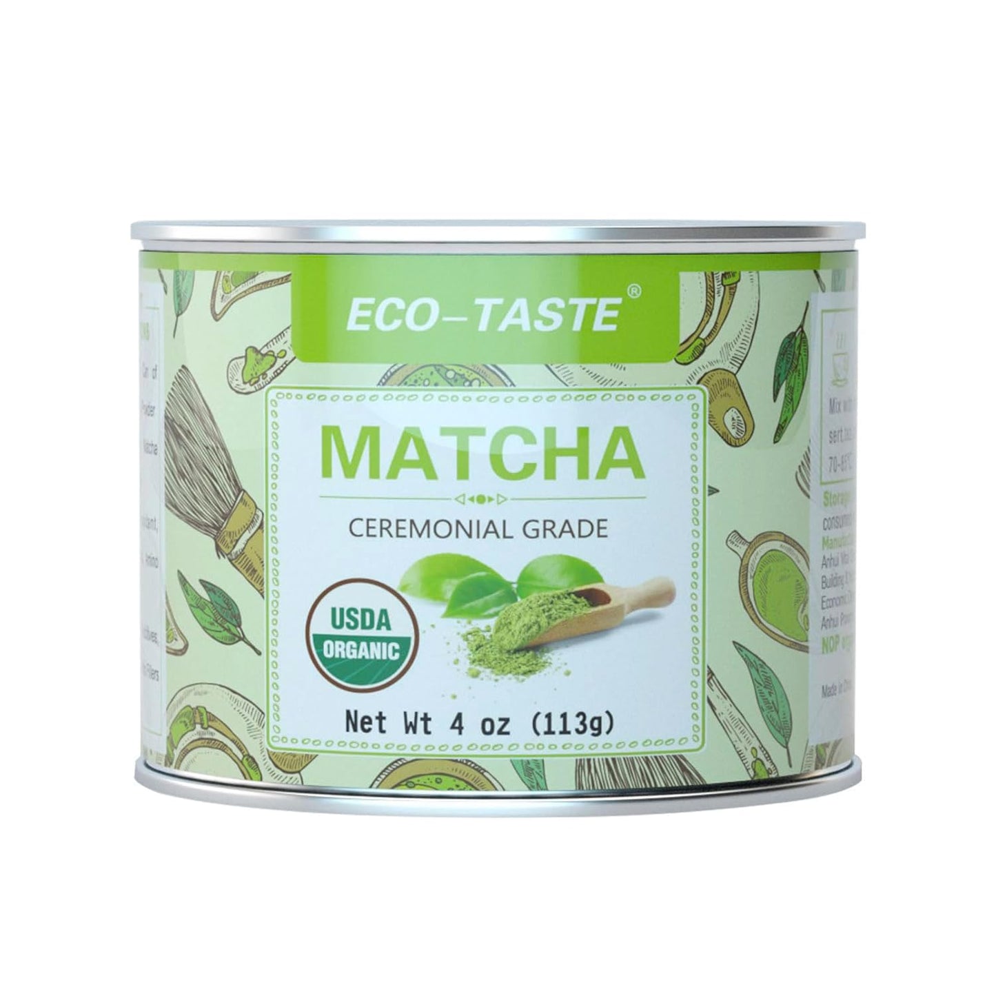 ECO-TASTE Organic Matcha Green Tea Powder, 4oz | 100% Natural &amp; Pure, Ceremonial Grade, No Additives or Fillers, NO GMO