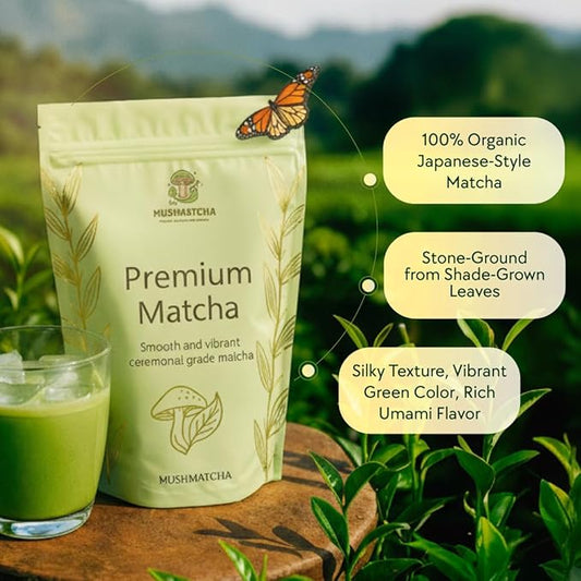 MushMatcha Premium Ceremonial Matcha Powder Grade 5A – Organic Green Tea for Lattes, Smoothies & Baking, Stone-Milled Pure Jade Leaf Blend, Unsweetened Formula with Smooth Taste, 100g Resealable Pouch