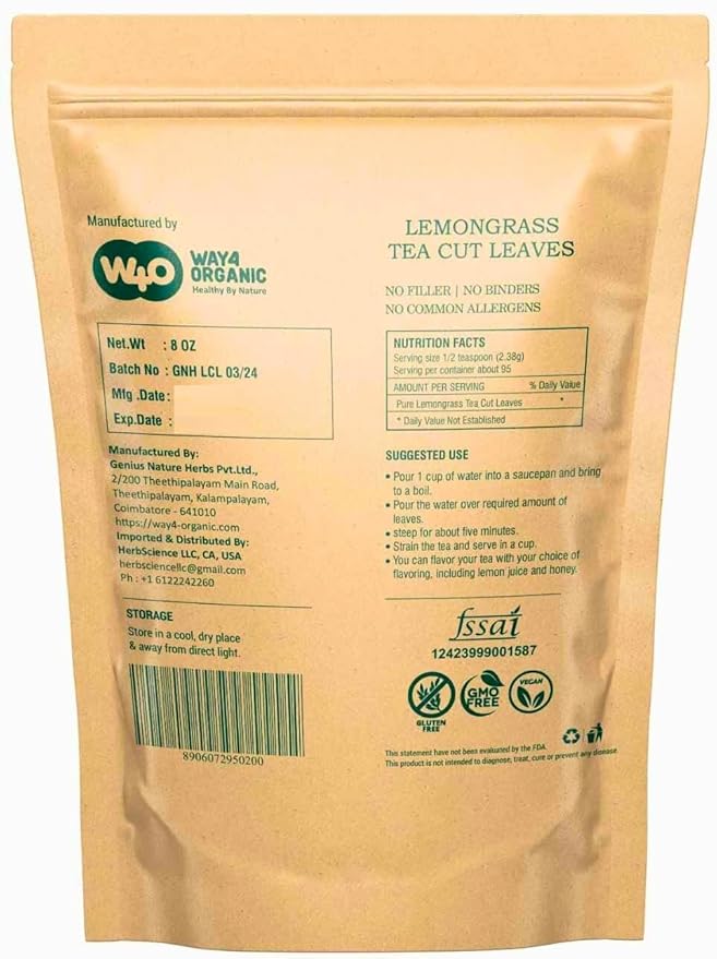 Lemongrass Loose Leaf Herbal Tea, Caffeine Free, 224g (8-ounce), Culinary Use (Pack of 2)