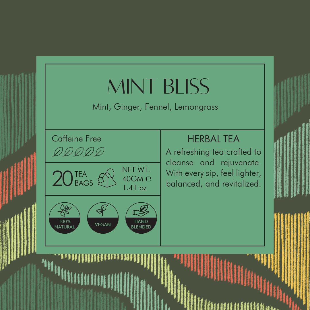 Celeste Mint Bliss Herbal Tea | Mint Tea with Ginger, Fennel, and Lemongrass | Caffeine Free | 20 Pyramid Tea Bags | Natural Ingredients