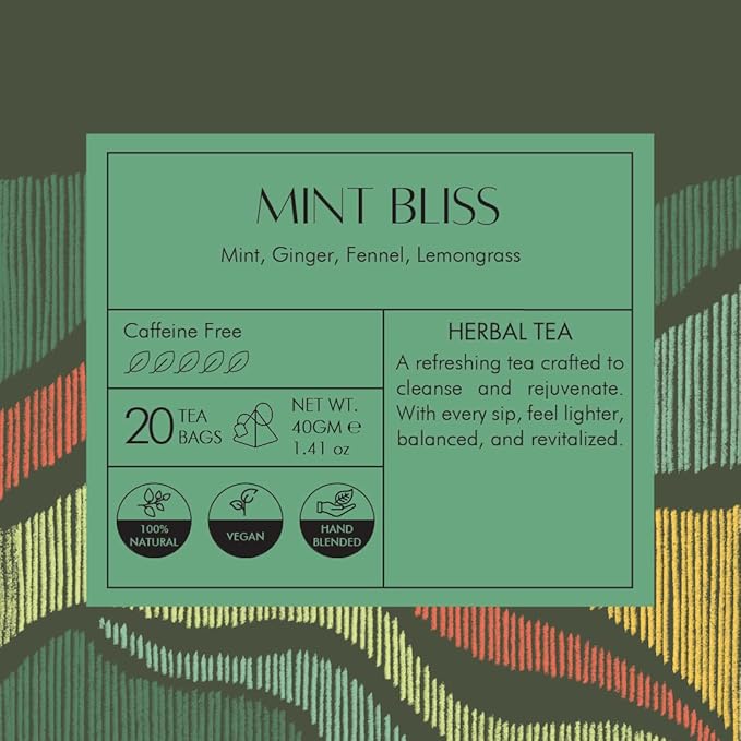 Celeste Mint Bliss, Ginger Mint Tea with Lemongrass & Fennel 15 Pyramid Herbal Tea Bags Natural Ingredients