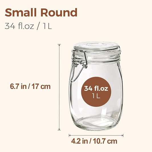 ComSaf Airtight Glass Canister Set of 3 with Lids 34oz Food Storage Jar Round - Storage Container with Clear Preserving Seal Wire Clip Fastening for Kitchen Canning Cereal,Pasta,Sugar,Beans,Spice
