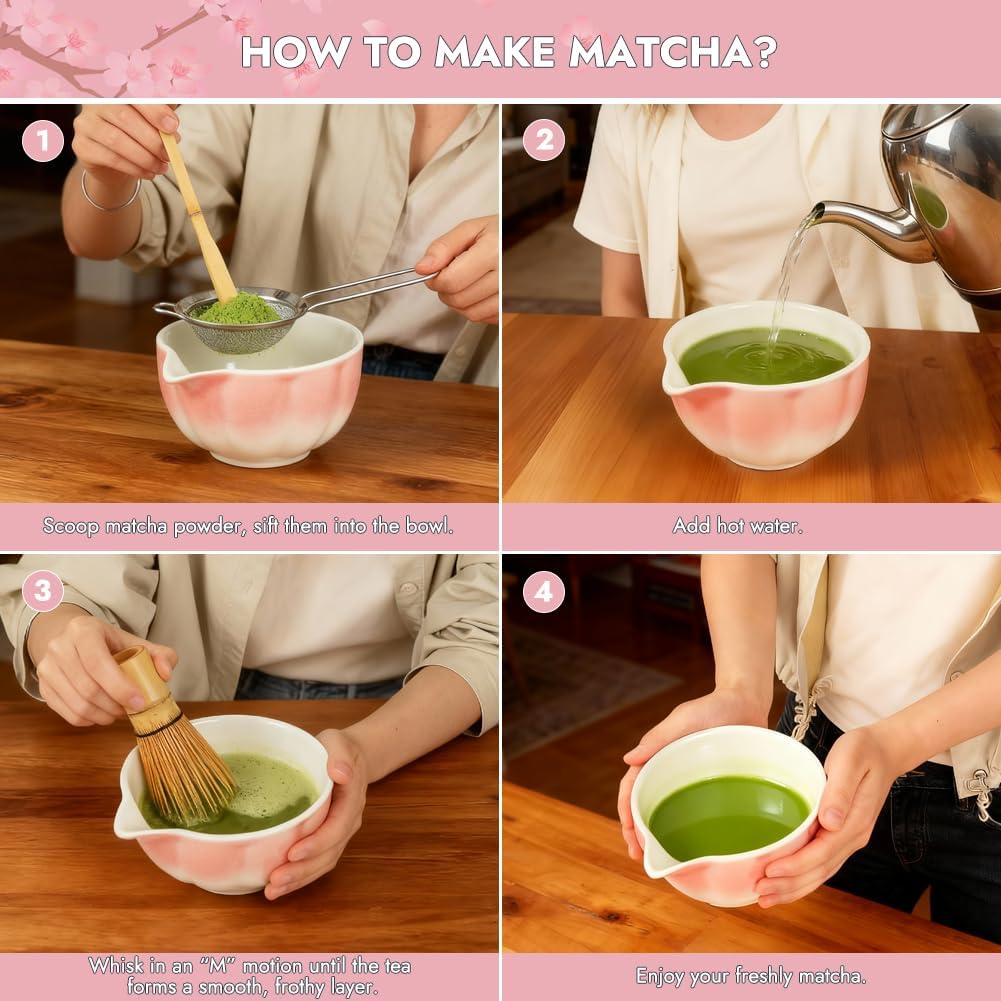 Matcha Whisk Set, 6 PCS Matcha Set-Ceramic Bowl, Matcha Whisk, Whisk Holder, Scoop, Spoon &amp; Sifter, Complete Matcha Ceremony Kit Set (Pink)