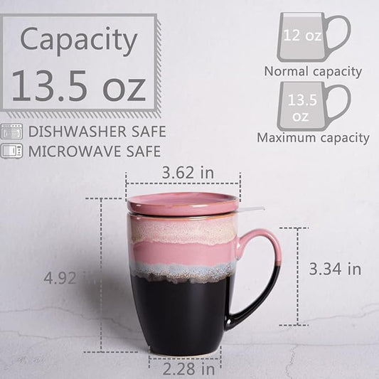 Bosmarlin Ceramic Tea Cup with Infuser and Lid, 13.5 Oz, 4 Colors to Choose, Dishwasher and Microwave Safe, Reactive Glaze, Steeping Tea Mug with Strainer