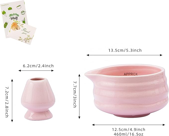 2pcs Matcha Bowl with Whisk Holder, Ceramic Pink Matcha Bowl with Spout, 16.5OZ Porcelain Bowl with Measurement Marks