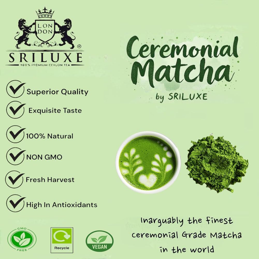 SRILUXE - Ceremonial Matcha Green Tea Powder - Premium Grade-100g. Produced in Japan, Uji, Kyoto. Use for Drinking, Cooking, Baking, Smoothie Making and with Milk. Vegan & Vegetarian Friendly (100g, AAAA (4A))