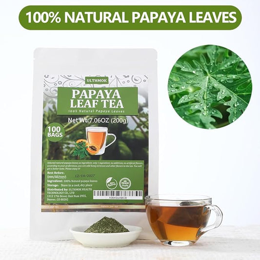 100 Premium Papaya Leaf Tea Bags, Made with 100% Natural Papaya Leaves, Free Wellness Tea, No Additives & Caffeine Free.