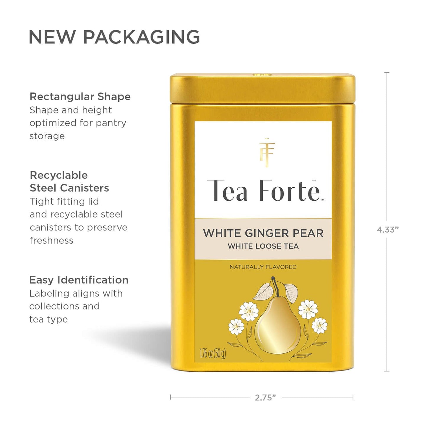 Tea Forte White Ginger Pear Premium Loose Leaf Caffeinated White Tea Blend Canister, Makes 35-50 Cups