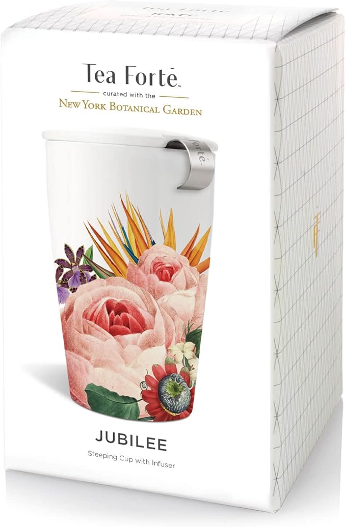 Tea Forte Double-Walled Ceramic Kati Cup, Removable Stainless Steel Infuser Basket and Lid, Steeps 12 oz Loose Leaf Tea, Dishwasher & Microwave Safe