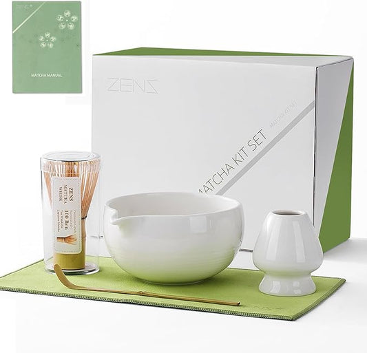 ZENS Matcha Whisk Set, 5pcs Matcha Kit Set Includes Ceramic Bowl, Bamboo Whisk and Chasen Holder, Scoop & Tea Mat，Matcha Tea ceremony Gift for Matcha Lovers, White
