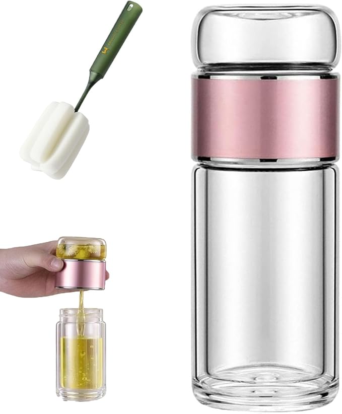 Glass Infuser, 3-in-1 smart Tea Infuser Double Wall Glass Teacup with infuser for Loose Tea, Portable Teas Steeper (Rose Gold, 14oz)