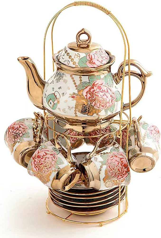 Chanjoon tea sets Gold Plated Red Rose Ceramic Tea Set, Vintage Teapot Tea Sets Beautiful Tea Set Coffee Serving 6 People (Golden, Medium)