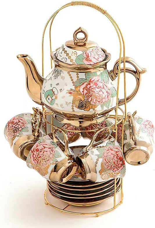 Chanjoon tea sets Gold Plated Red Rose Ceramic Tea Set, Vintage Teapot Tea Sets Beautiful Tea Set Coffee Serving 6 People (Golden, Medium)