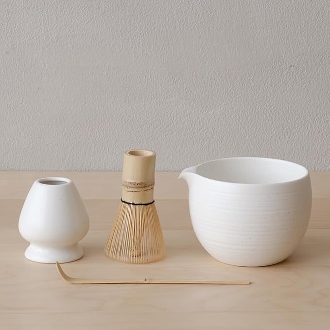 Matcha Whisk Set, Ceramic Matcha Bowl & Whisk Holder, Bamboo Accessory, Modern Design (White, Pourin