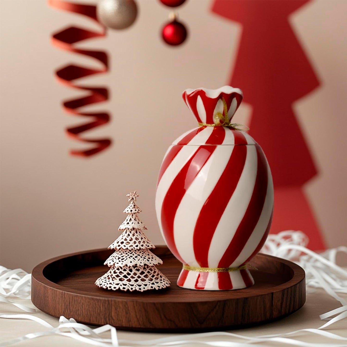 DIF DECO Christmas Ceramic Food Storage Jars with Lid, 24.7 OZ Hand printed Xmas Candy Jar Coffee Cookie Container for Snacks, Sugar Containers, Tea, Spice, Cereal, Nut - 700ml