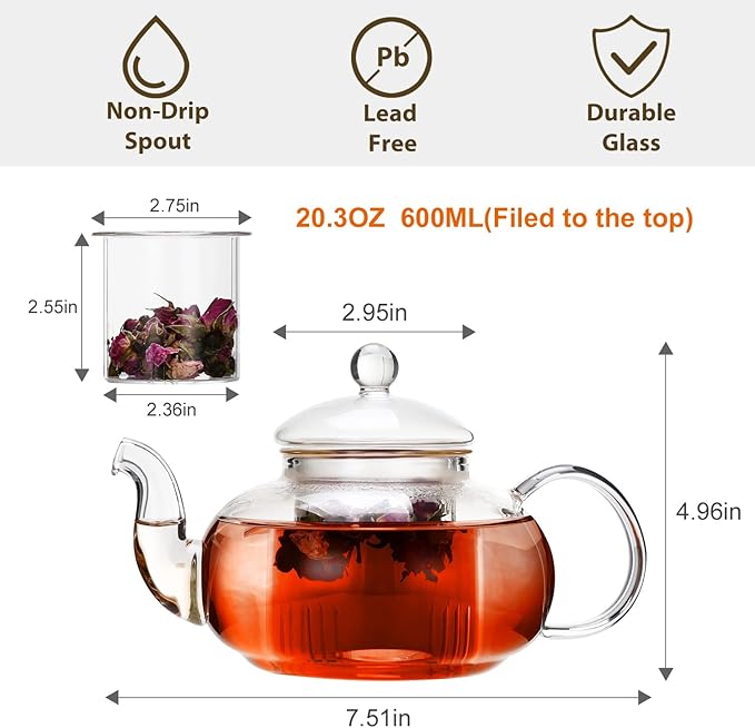 Cnglass Glass Teapot Stovetop Safe,Clear Teapot with Removable Infuser 20.3 oz,Loose Leaf and Blooming Tea Maker