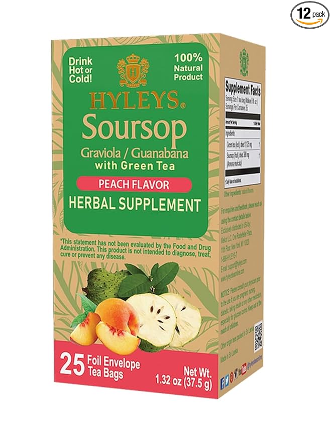 12 Pack of Hyleys Wellness Natural Soursop With Green Tea Peach Flavor - 25 Tea Bags (100% Natural, Sugar Free, Gluten Free & Non-Gmo)