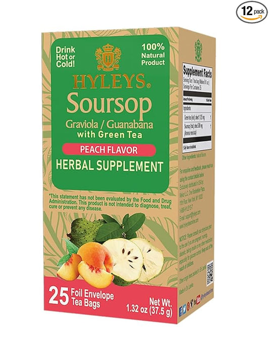 12 Pack of Hyleys Wellness Natural Soursop With Green Tea Peach Flavor - 25 Tea Bags (100% Natural, Sugar Free, Gluten Free & Non-Gmo)