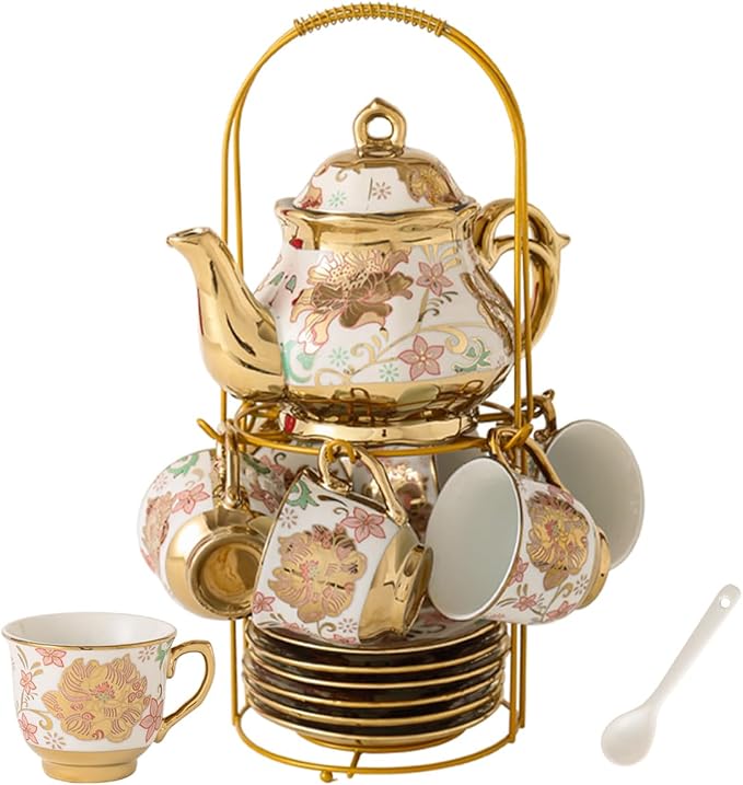 CHANJOON Gold Plated Red Rose Ceramic Tea Set, Vintage Tea Sets with Teapot, Beautiful Tea Set Coffe