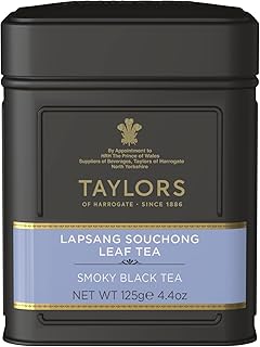 Taylors of Harrogate Lapsang Souchong, Black Tea, Loose Leaf, 4.41 Ounce Tin Caddy, Smoky, Rich and Strong, Caffeinated, Premium Whole Leaf Tea