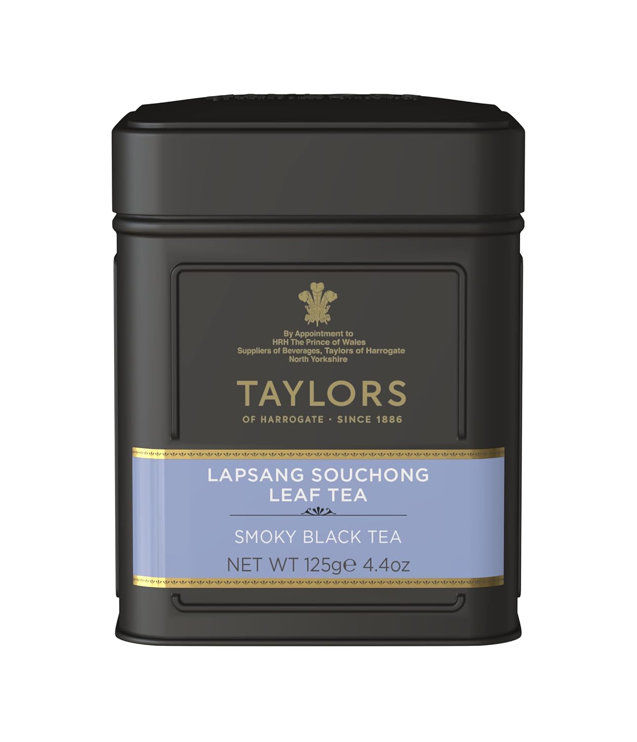 Taylors of Harrogate Lapsang Souchong, Black Tea, Loose Leaf, 4.41 Ounce Tin Caddy, Smoky, Rich and Strong, Caffeinated, Premium Whole Leaf Tea