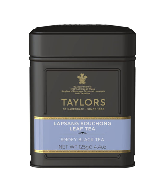 Taylors of Harrogate Lapsang Souchong, Black Tea, Loose Leaf, 4.41 Ounce Tin Caddy, Smoky, Rich and Strong, Caffeinated, Premium Whole Leaf Tea