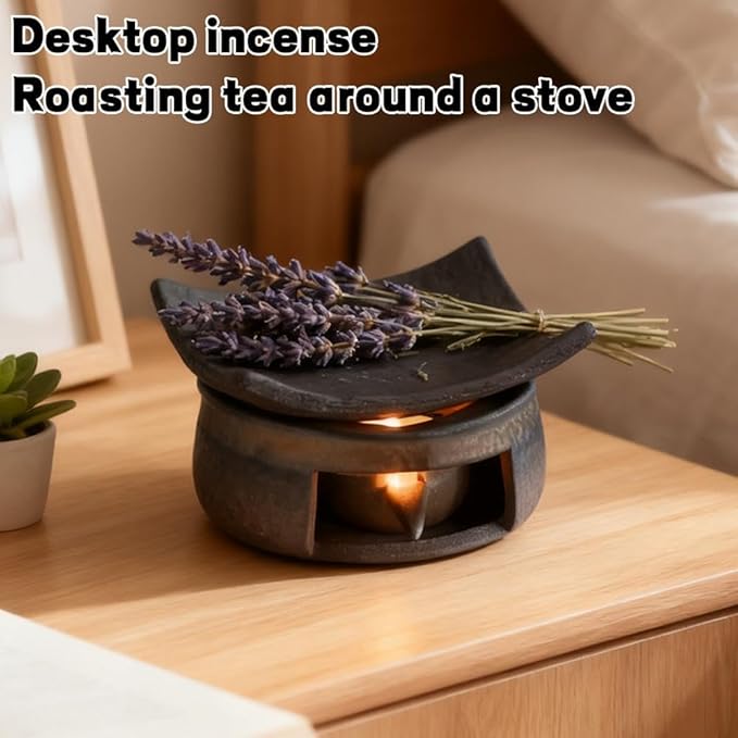 Ceramic Tea Stove Warmer Set, Cedar and Zen Aromatherapy Burner,Handmade Ceramic Candle Wax Melts Warmer with Tealight Holder,Multi-Functional Teapot and Heater,for Home Office Hotel Meditation (A)