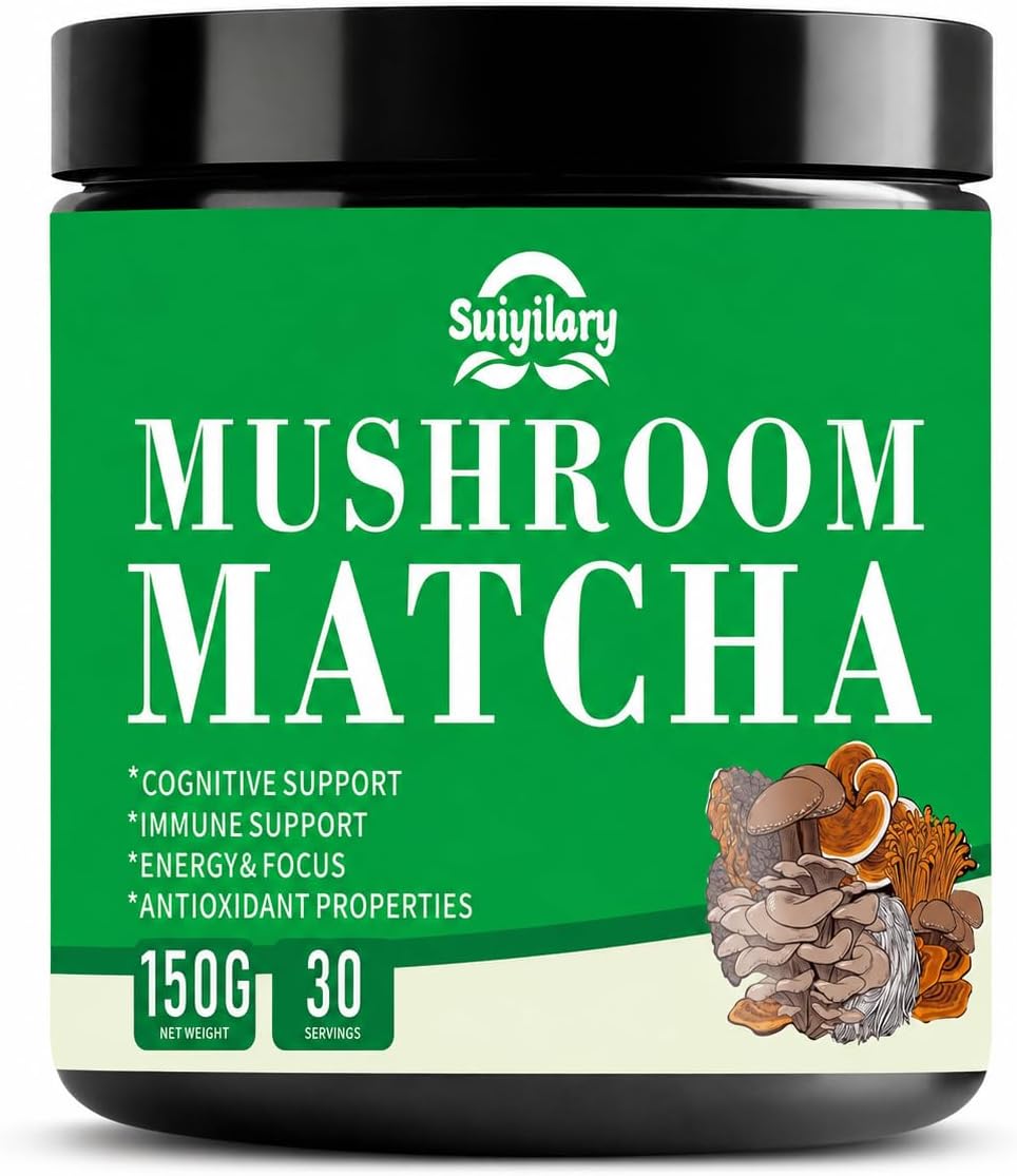 Suiyilary Mushroom Matcha, Ceremonial Matcha Tea Powder with 7 Superfood Mushrooms, Gluten Free, Taste Great Hot or Cold Matcha Latter - 150g 30 Serving