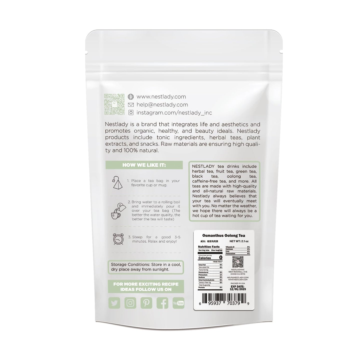 NESTLADY Osmanthus Oolong Loose Leaf Tea – Floral Aroma, Smooth Taste, 20 Bags (60g, 3g/bag)