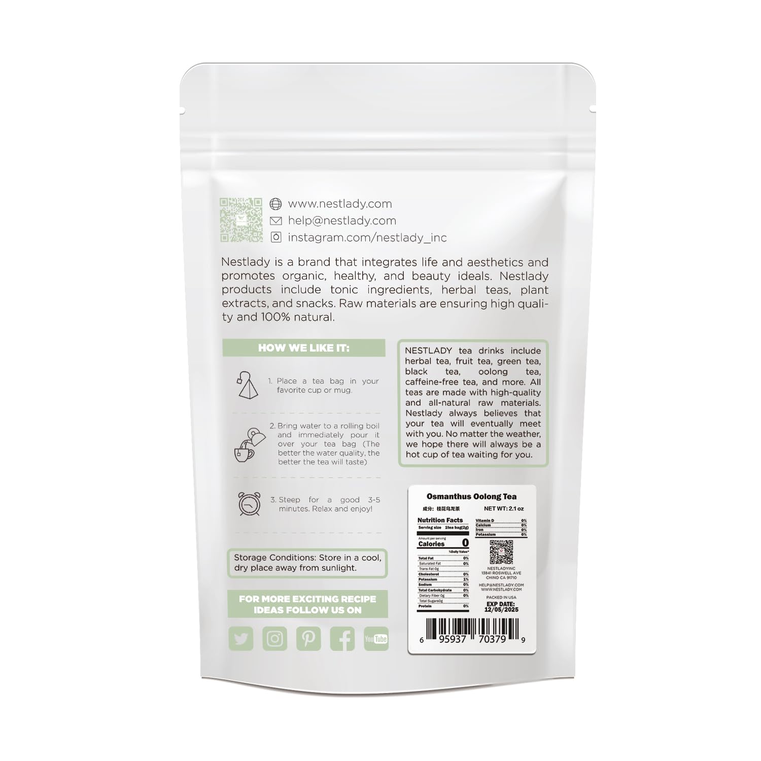 NESTLADY Osmanthus Oolong Loose Leaf Tea – Floral Aroma, Smooth Taste, 20 Bags (60g, 3g/bag)