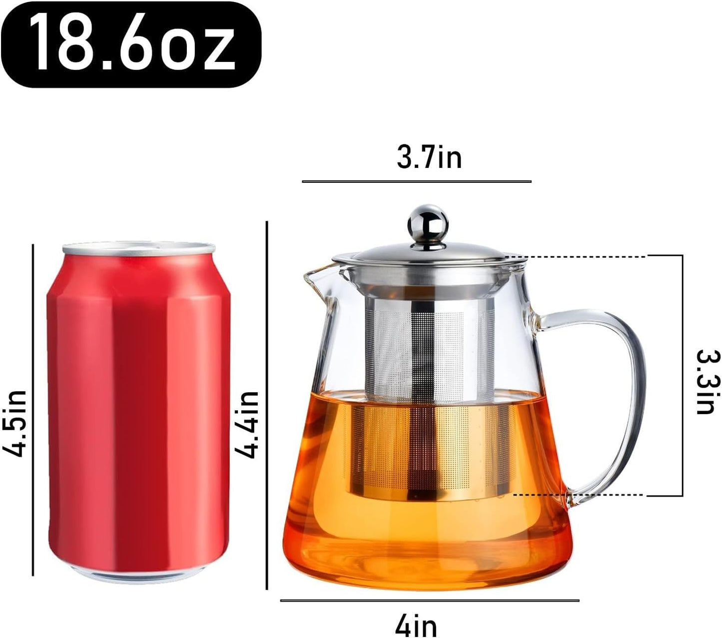 PARACITY Glass Teapot Stovetop 18.6 OZ, Borosilicate Clear Tea Kettle with Removable 18/8 Stainless Steel Infuser, Teapot Blooming and Loose Leaf Tea Maker Tea Brewer for Camping, Travel (550ML) | Tea infuser &amp; tea strainer. Blooming tea; clear teapot