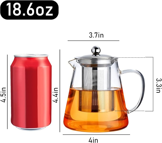 Paracity Glass Teapot Stovetop 18.6 OZ, Borosilicate Clear Tea Kettle with Removable 18/8 Stainless Steel Infuser