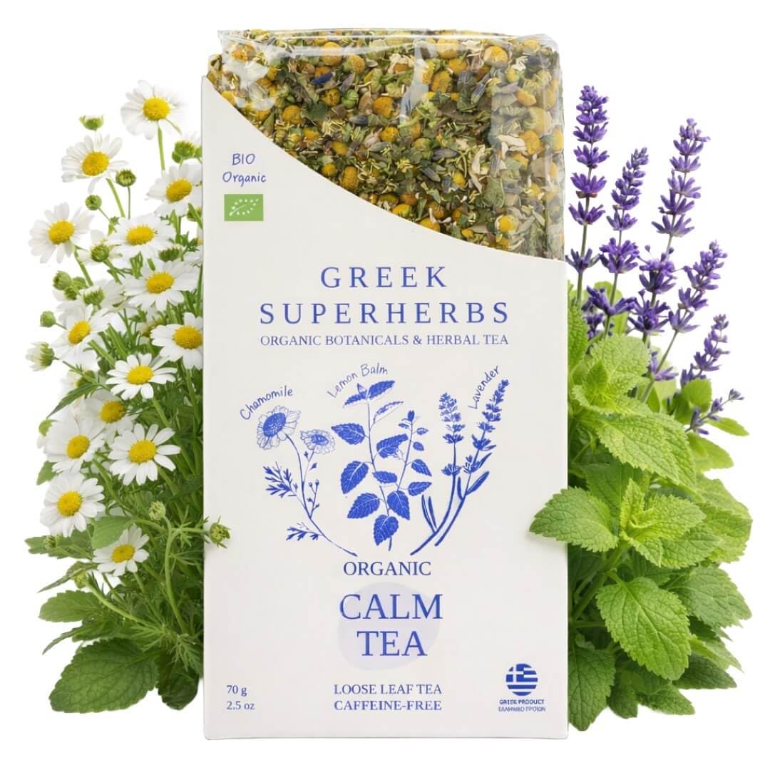 ORGANIC CALM Tea | Herbal Tea for Relaxation &amp; Stress Relief | Lavender Buds, Chamomile Flowers, Lemon Balm Leaves | Whole Leaf, Caffeine Free, Natural, Earthy Flavor | Product of Greece | 70G (2.5 OZ)