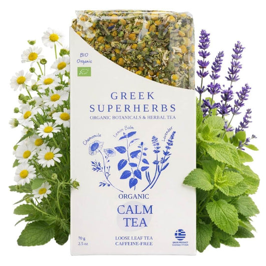 ORGANIC CALM Tea | Herbal Tea for Relaxation &amp; Stress Relief | Lavender Buds, Chamomile Flowers, Lemon Balm Leaves | Whole Leaf, Caffeine Free, Natural, Earthy Flavor | Product of Greece | 70G (2.5 OZ)